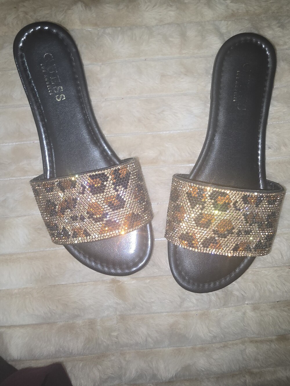 GUESS Leopard Sparkle Slide Sandals in Brown and Gold